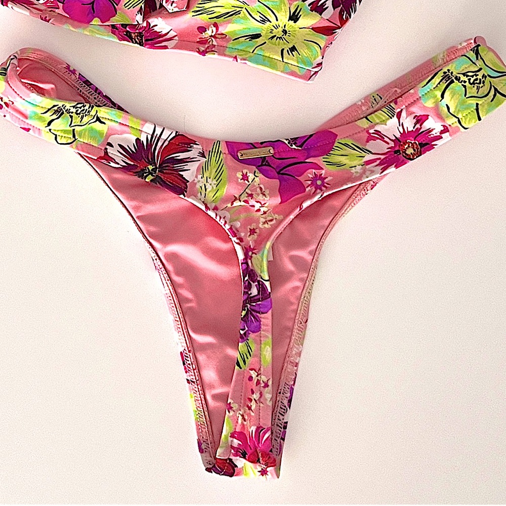VICTORIA'S SECRET Pink Purple Red Floral 1 Shoulder Top & Thong SWIM Set EUC S - Picture 9 of 12